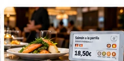 Plato de restaurante con etiqueta electrónica informativa